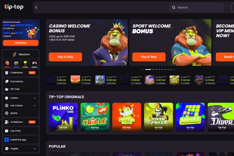Tip Top Casino - Inloggen op uw Account